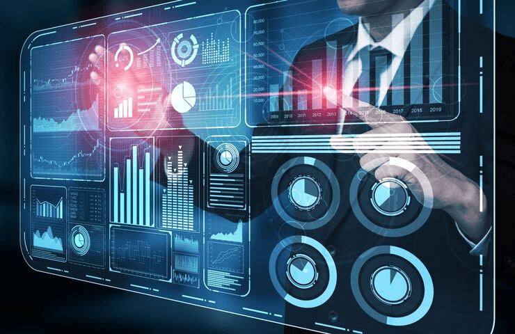 Analyst interacting with a holographic business intelligence dashboard