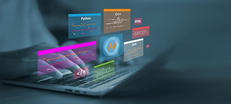 Developer typing with floating code and AI interface overlays