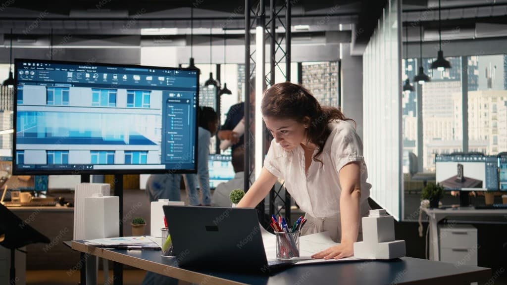 Designer reviewing plans and models in a modern studio