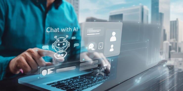 Chat with AI interface floating above a laptop