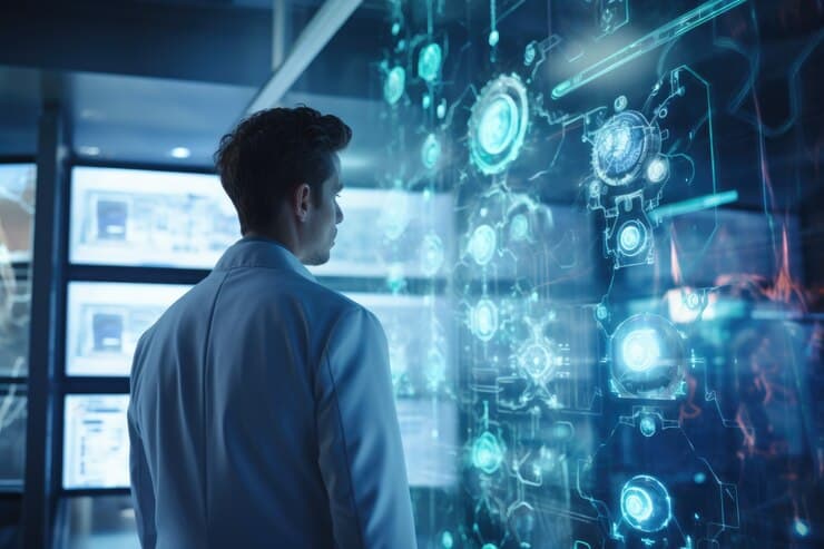 Engineer working with a holographic AI interface