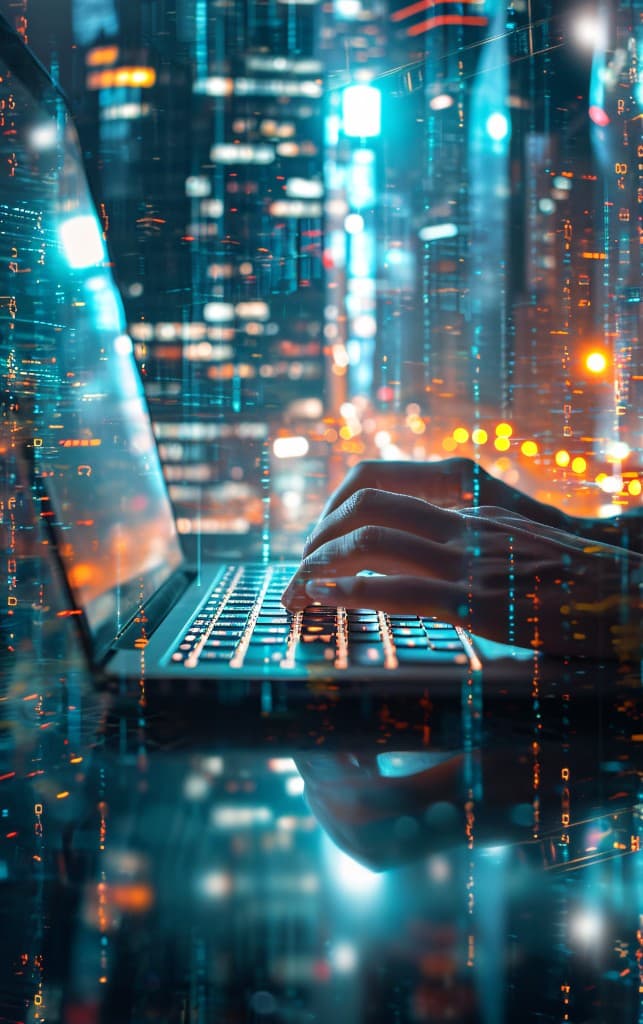 Hands typing on a laptop against a glowing nighttime cityscape